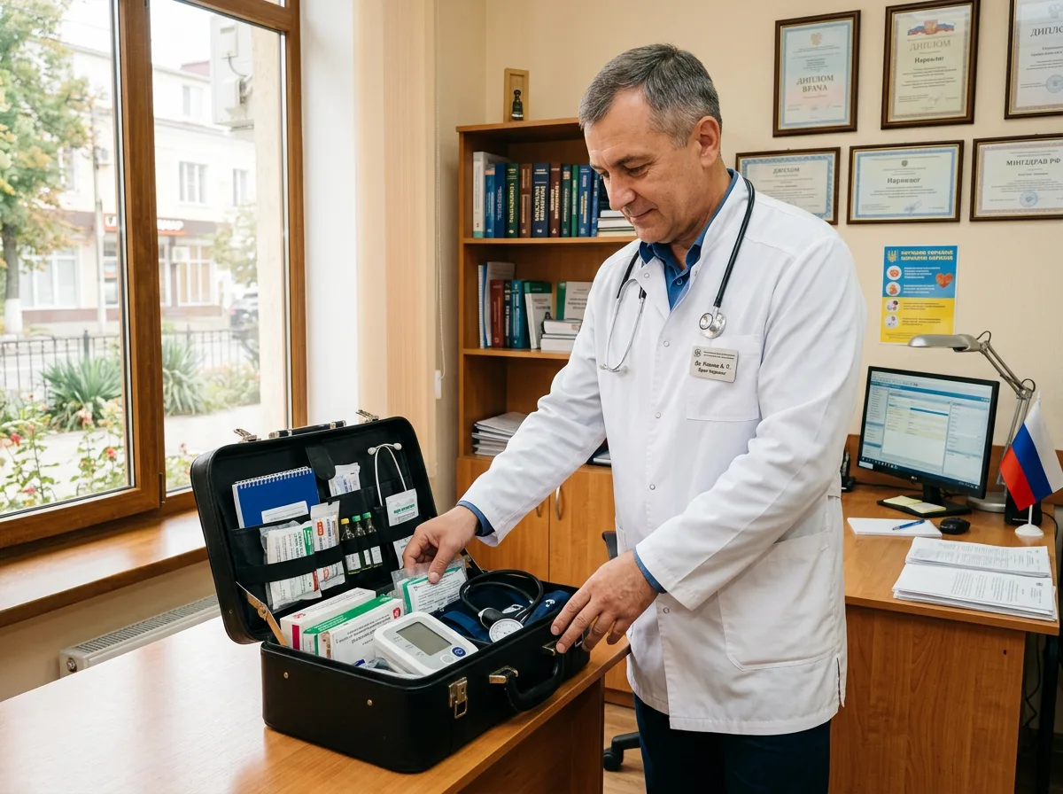 Врач-нарколог в белом халате с медицинским чемоданчиком готовится к выезду на дом в Краснодаре, профессиональная и спокойная обстановка