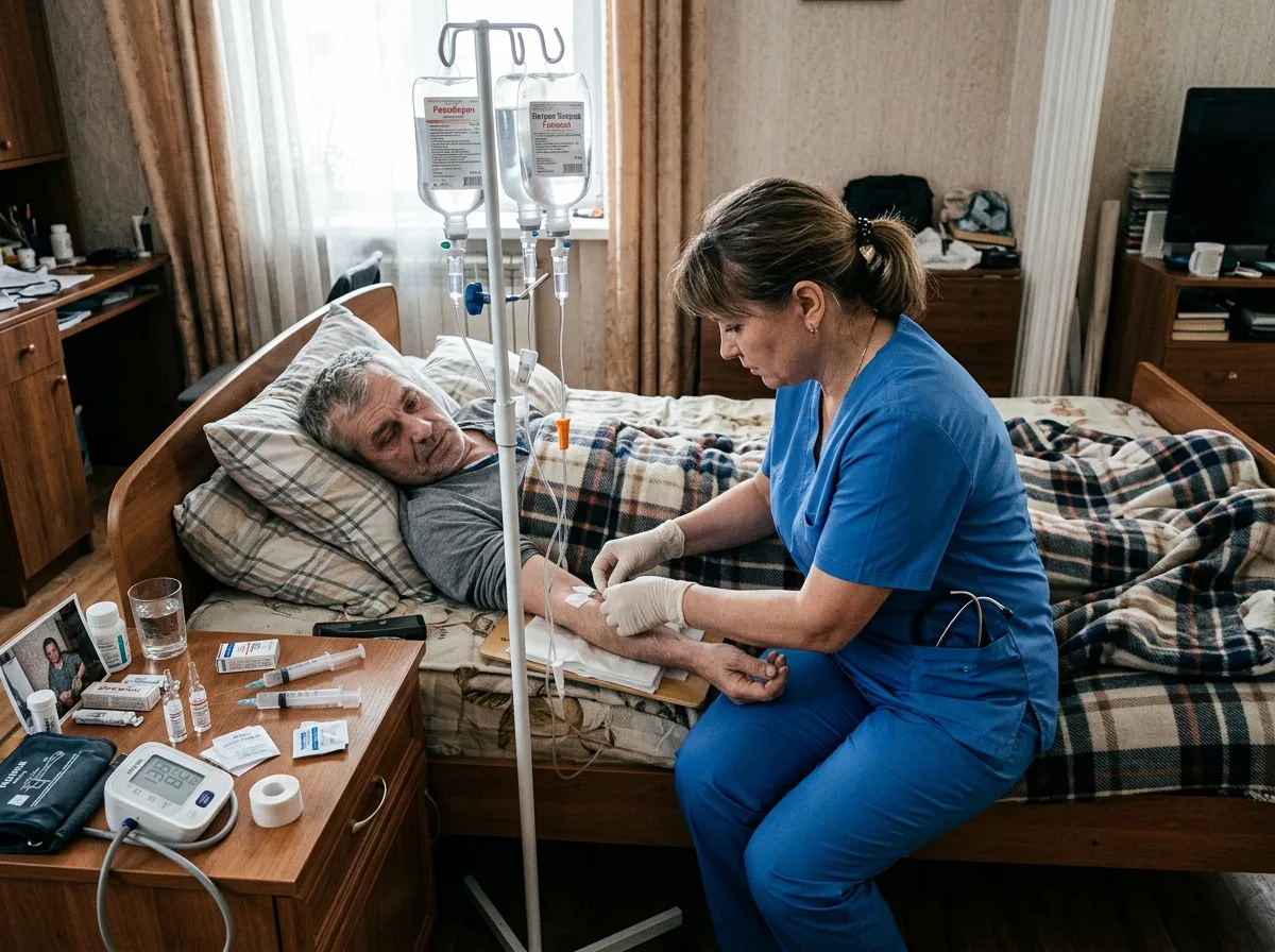 Врач-нарколог ставит капельницу пациенту при выводе из запоя дома, процедура детоксикации, медицинское оборудование