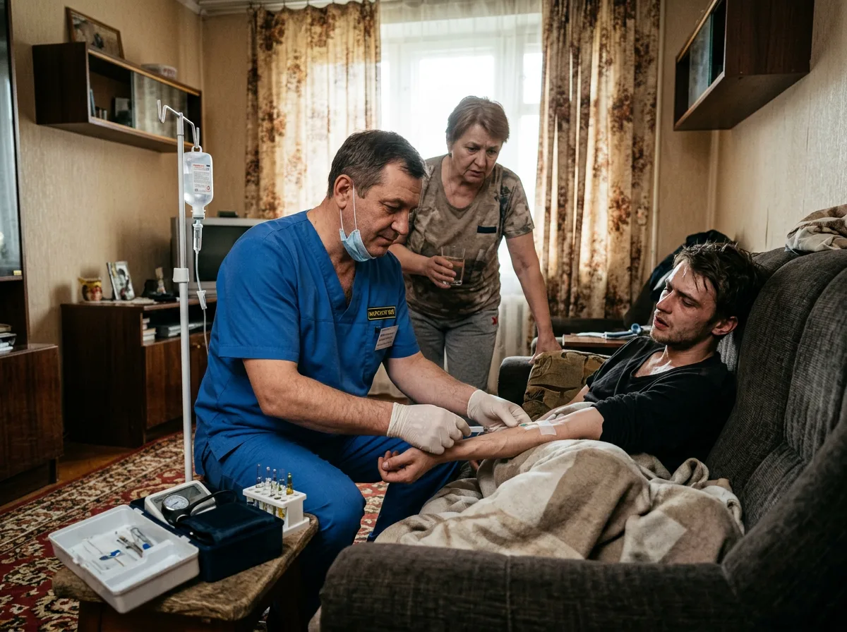 Врач-нарколог купирует абстинентный синдром у пациента дома, снятие ломки, медицинская помощь при зависимости