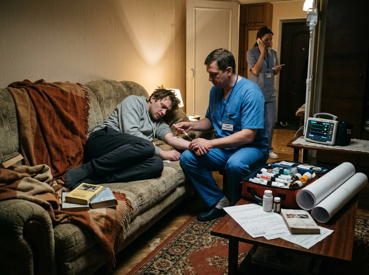 Детоксикация от наркотиков на дому, нарколог работает с пациентом в состоянии интоксикации ПАВ, экстренная медицинская помощь