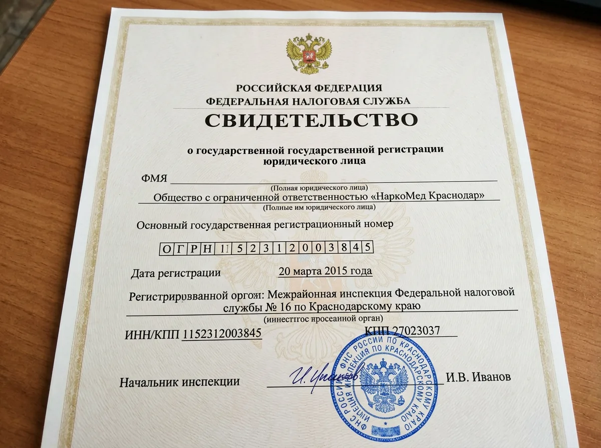 Свидетельство о государственной регистрации юридического лица ООО НаркоМед Краснодар, ОГРН, документ ФНС России