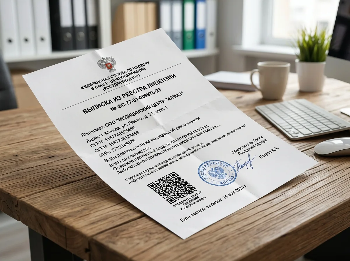 Выписка из реестра лицензий Росздравнадзора, подтверждение действующей медицинской лицензии клиники, официальная распечатка с QR-кодом